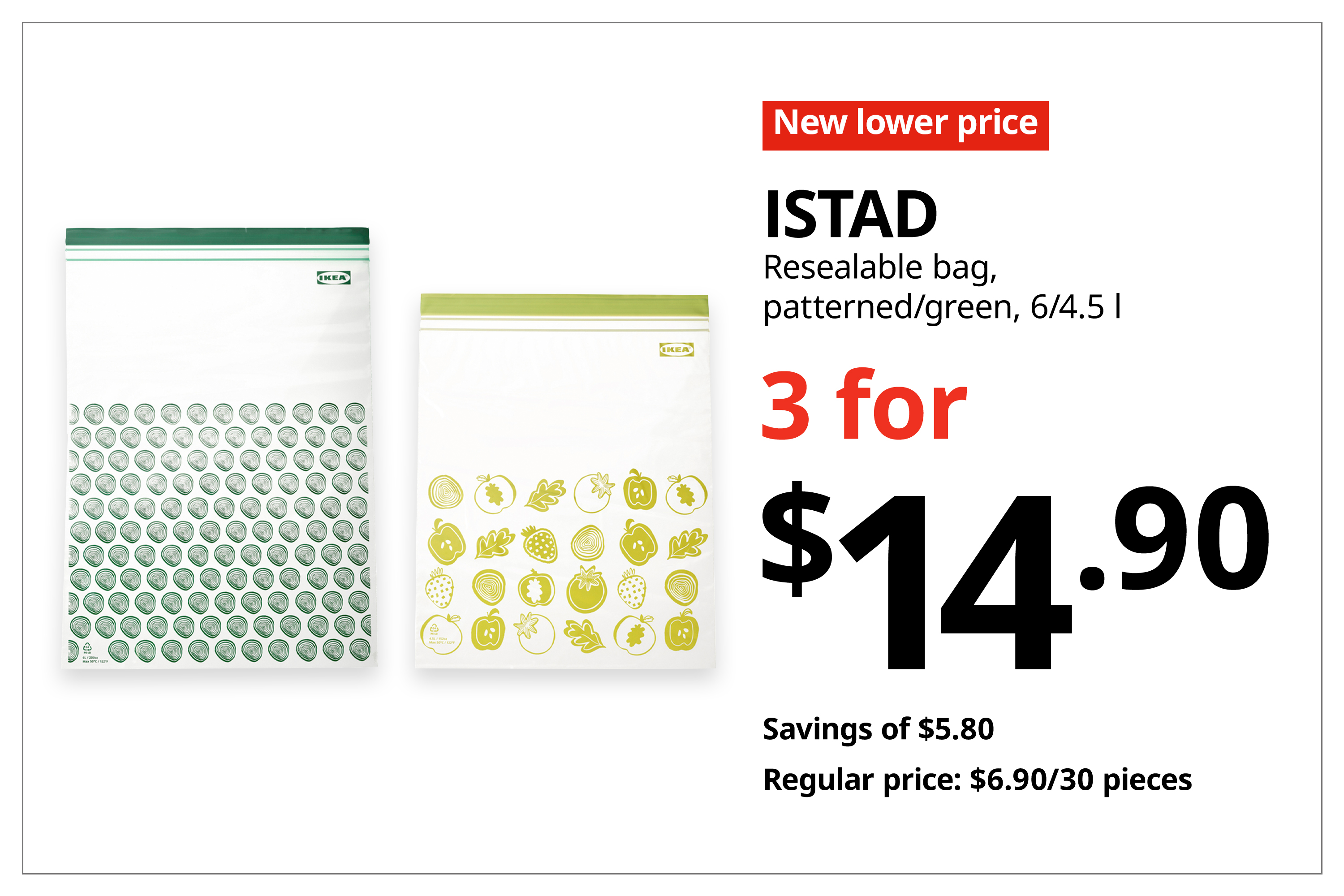 A red with white text 'New lower price' tag. Black text on image on the right that reads 