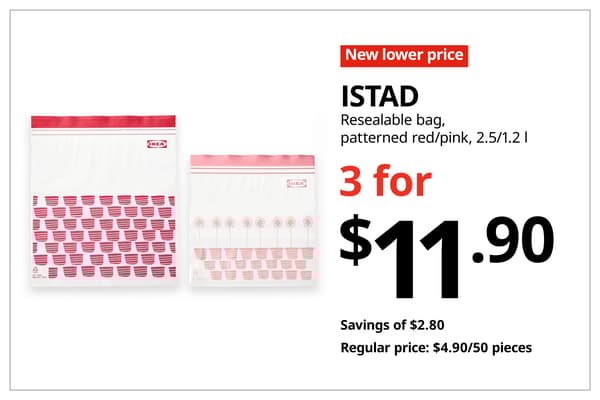 A red with white text 'New lower price' tag. Black text on image on the right that reads 