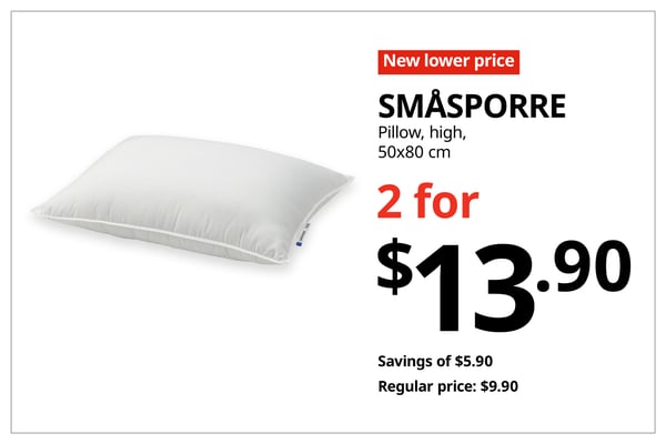 A red with white text 'New lower price' tag. Black text on image on the right that reads, 