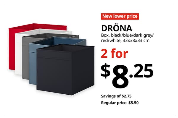 A red with white text 'New lower price' tag. Black text on image on the right that reads 
