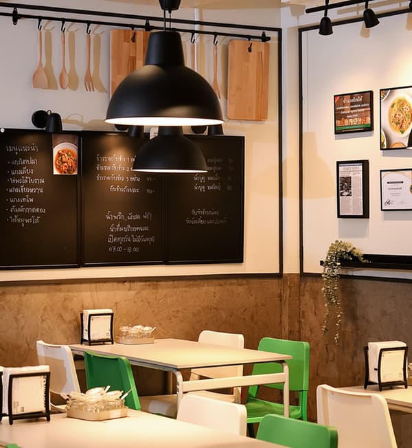 A restaurant setting featuring spatula and chopping boards displayed on the wall.