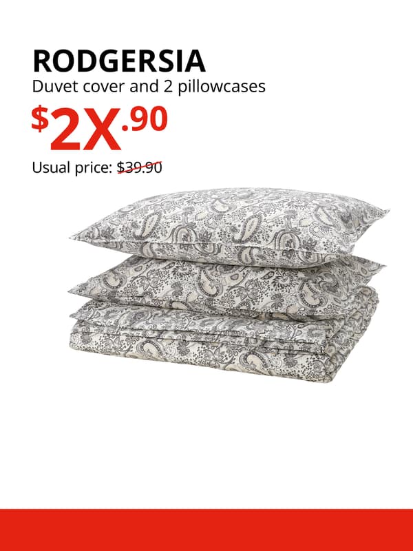 A RODGERSIA duvet cover and pillowcases product display on a white background with black text that reads "RODGERSIA, Duvet cover and 2 pillowcases, Usual price: $39.90", price in red text that reads "$2X.90".