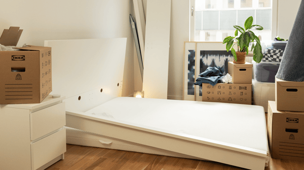 A room with an IKEA bed, partially assembled, surrounded by several IKEA moving boxes.
Various household items, including a potted plant and folded clothes, are visible, suggesting a move or renovation.