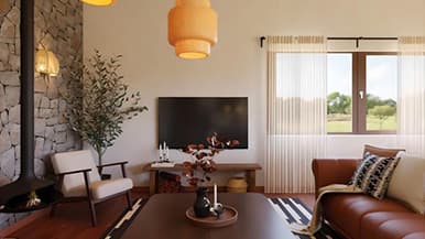 A rural hotel lobby that exudes charm. Contemporary comfort through earthy-toned furniture design in various finishes and textures contrasting with modern design makes for a cosy and serene atmosphere, ideal for relaxation and repose.