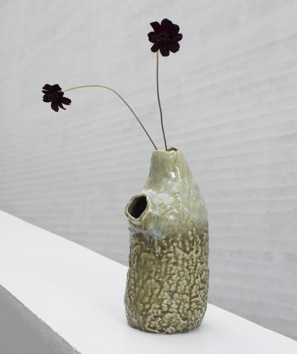 A rustic vase with black flowers in one of two small openings.