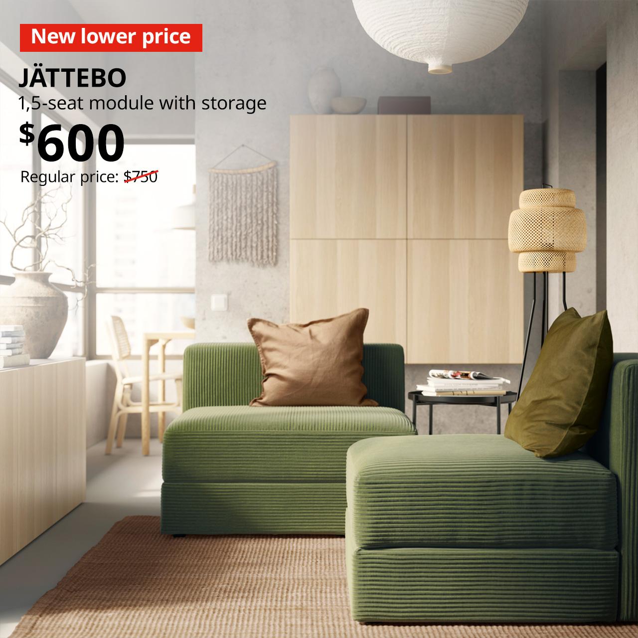 A samsala dark yellow-green JÄTTEBO 1,5-seater with storage in a living room setting. A red "New lower price" label is on the top left of the image with black text that reads, "JÄTTEBO, 1-seat module with storage, $600", Regular price with red slash $750
