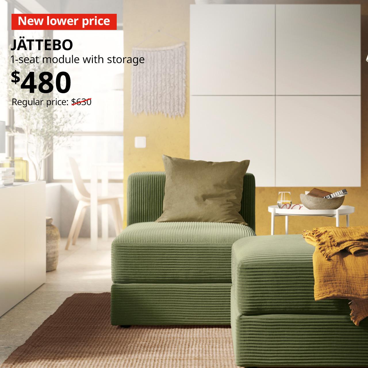 A samsala dark yellow-green JÄTTEBO 1-seater with storage in a living room setting. A red "New lower price" label is on the top left of the image with black text that reads, "JÄTTEBO, 1-seat module with storage, $480", Regular price with red slash $630