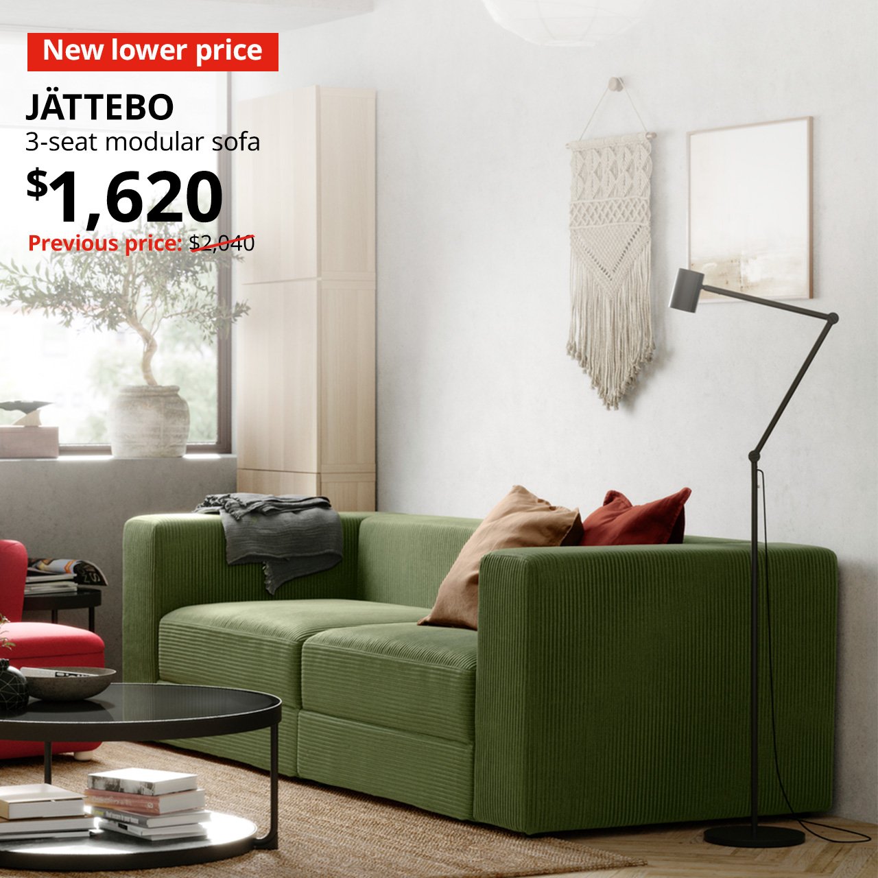 A samsala dark yellow-green JÄTTEBO 3-seat modular sofa in a living room setting. A red "New lower price" label is on the top left of the image with black text that reads: JÄTTEBO, 3-seat modular sofa, $1,620. Previous price with red slash $2,040