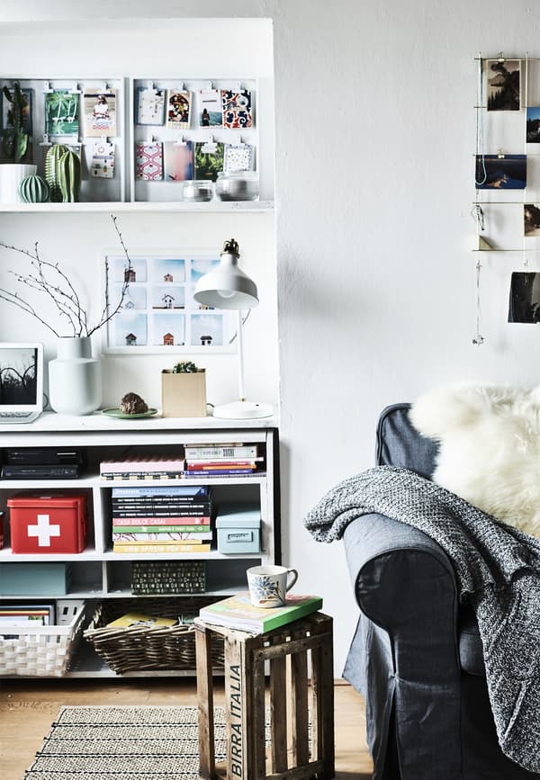 A section of shelves, coffee table and sofa.