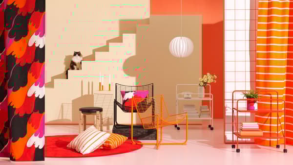A selection of home furnishing pieces from IKEA's 80th anniversary Nytillverkad collection, including armchairs and cushions