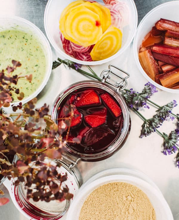 A selection of pickled beets and rhubarb.