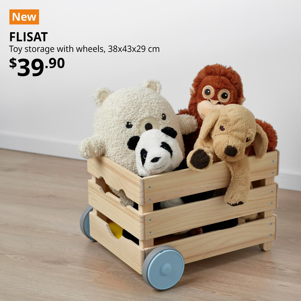 A set of children's soft toys placed on the FLISAT toy storage with wheels. An orange tag with white text that reads "New", followed by a black text overlay image that reads, "FLISAT, Toy storage with wheels, 38x43x29 cm, $39.90". 