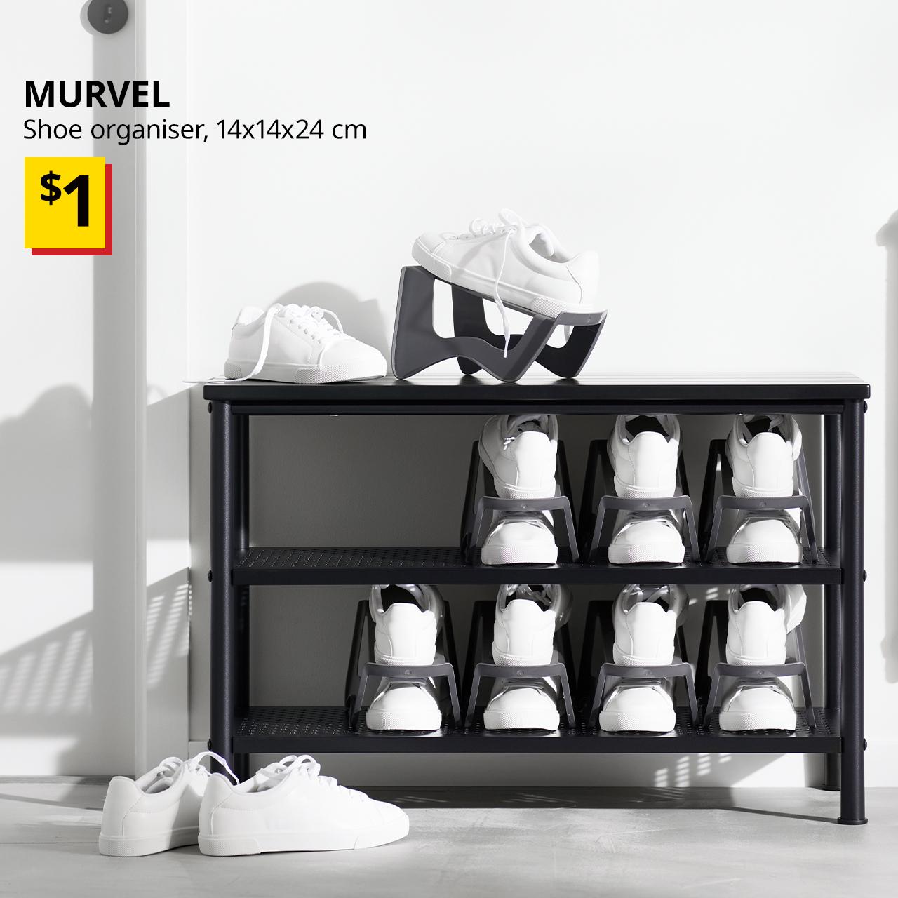 A shoe cabinet being organised with MURVEL shoe organisers in grey with pairs of white shoes. Black text on top left of the image reads: MURVEL, shoe organiser, 14x14x24 cm. Price: $1