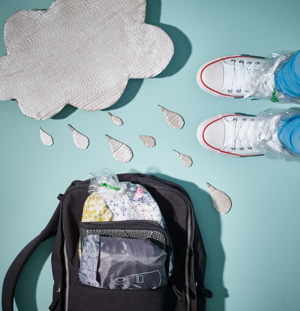 A shot from above of a backpack on the floor, a woman’s feet with plastic bags inside her shoes, and a paper cut-out rain cloud.