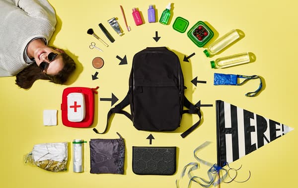 A shot from above shows the contents of a backpack neatly organized on a yellow background.