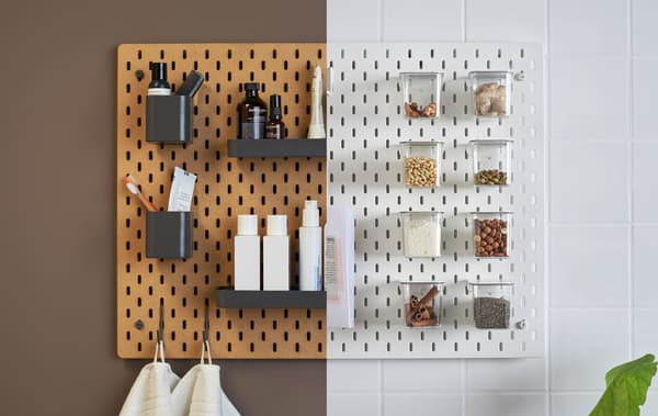 A side-by-side image of a brown pegboard in a bathroom and a white pegboard in a kitchen.