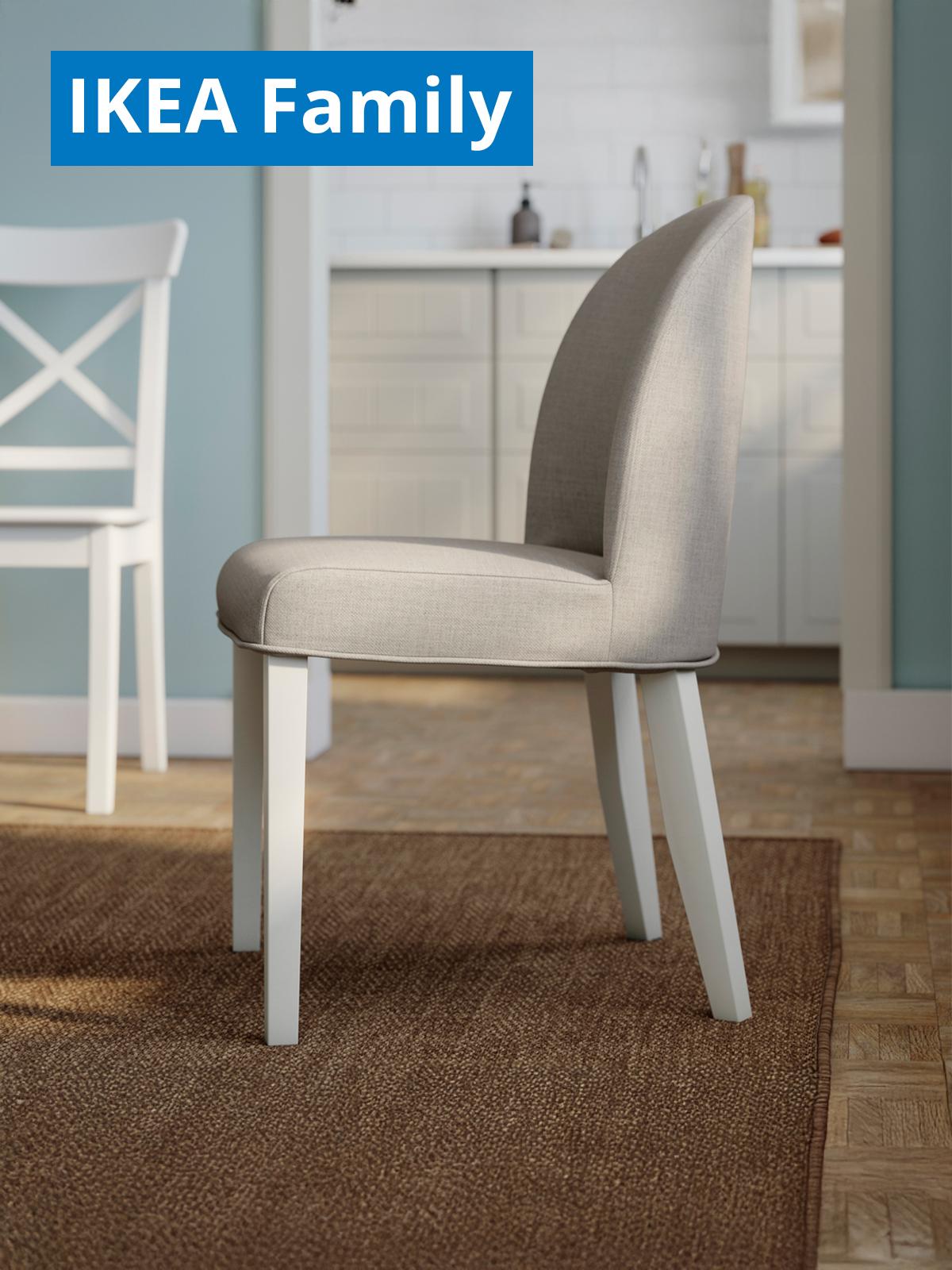 A side profile image of a beige/grey ROSENTORP chair in the dining area. On the top left corner, a blue tag with white text that reads "IKEA Family price".