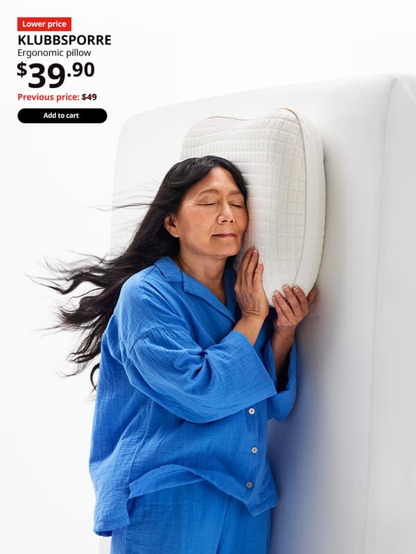 A side view of a lady lying on a KLUBBSPORRE ergonomic pillow on a mattress. Text on image reads, KLUBBSPORRE, Ergonomic pillow. Price at $39.90. Previous price $49.