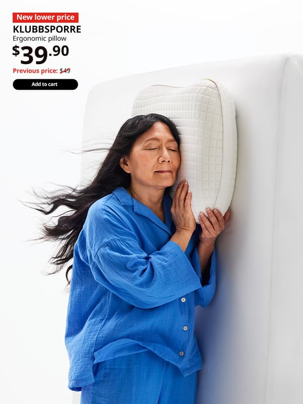 A side view of a lady lying on a KLUBBSPORRE ergonomic pillow on a mattress. Text on image reads, KLUBBSPORRE, Ergonomic pillow. Price at $39.90. Previous price $49.