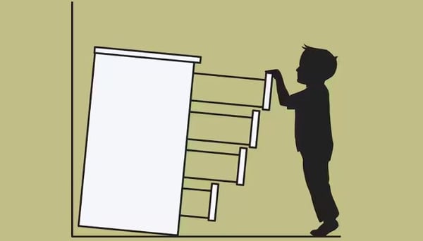 A sketch of a chest of drawers, not secured to a wall, tipping over on a child who has pulled out all the drawers.