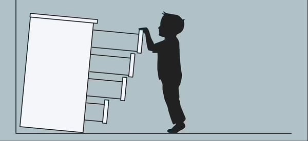 A sketch of a chest of drawers, not secured to a wall, tipping over on a child who has pulled out all the drawers.