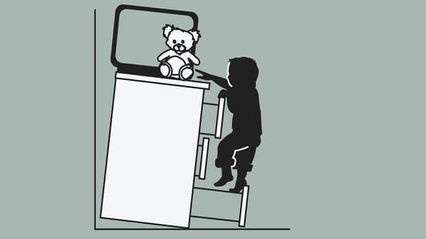 A sketch of a chest of drawers that has not been anchored to a wall, with a TV or toys on top, tipping over onto a child that is climbing on the open drawers.