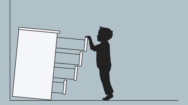 A sketch of a chest of drawers that has not been anchored to a wall tipping over onto a child that has opened all the drawers.