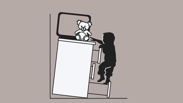 A sketch of a chest of drawers that has not been anchored to a wall, with a TV or toys on top, tipping over onto a child that is climbing on the open drawers.