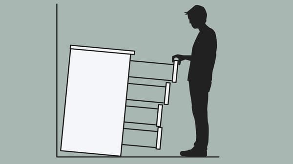 A sketch of a chest of drawers that has not been anchored to a wall tipping over onto a man that has opened all the drawers.