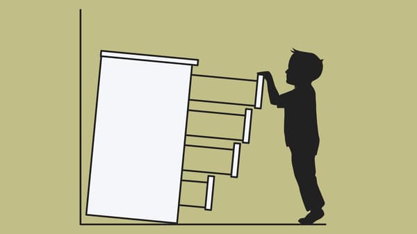A sketch of a chest of drawers that has not been anchored to a wall tipping over onto a child that has opened all the drawers.