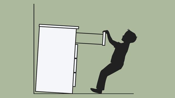 A sketch of a chest of drawers that has not been anchored to a wall tipping over onto a child that is pulling out a drawer.