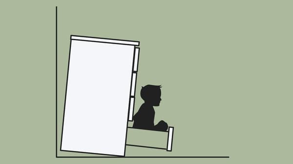 A sketch of a dresser, not secured to the wall, tipping over on a small child who is sitting in a drawer.