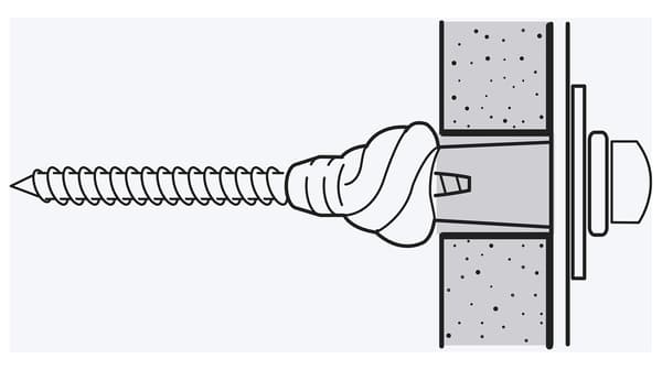 A sketch of a screw gripped in a wall plug that has been inserted in a wall made of a material such as plasterboard.