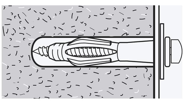 A sketch of a screw inserted in a solid wall, such as brickwork. The screw is gripped in a wall plug.