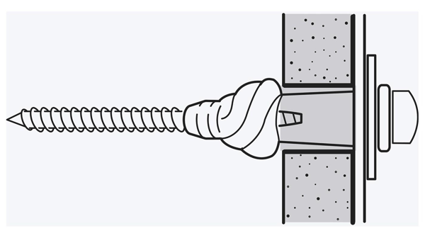 A sketch of a screw inside a wall plug which has been screwed into a wall made of a material such as plasterboard.