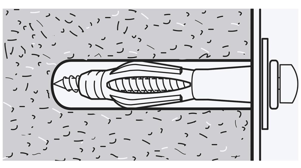 A sketch of a screw which is screwed into a wall made of something solid like brick. The screw is inside a wall plug.