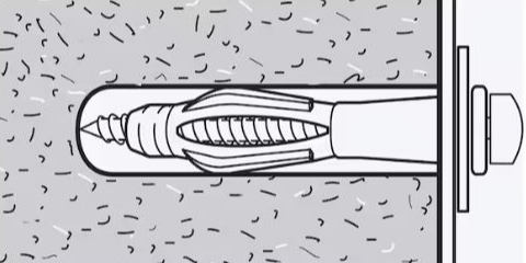 A sketch of a screw which is screwed into a wall made of something solid like brick. The screw is inside a wall plug.