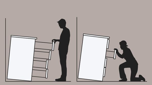 A sketch of two chests of drawers that have not been anchored to a wall tipping over onto a man and a woman.