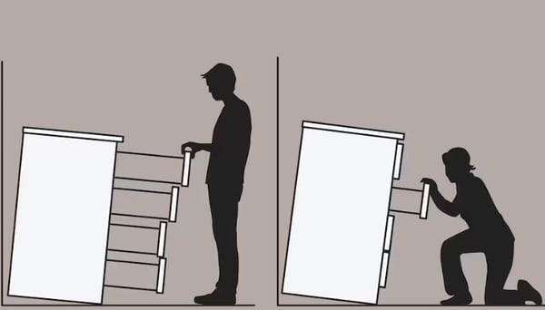 A sketch of two chests of drawers which are not secured to the wall and are tipping over on a man and a woman.