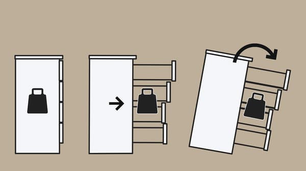 A sketch showing the centre of gravity of a chest of drawers that has not been anchored to a wall shifting, causing it to tip over.