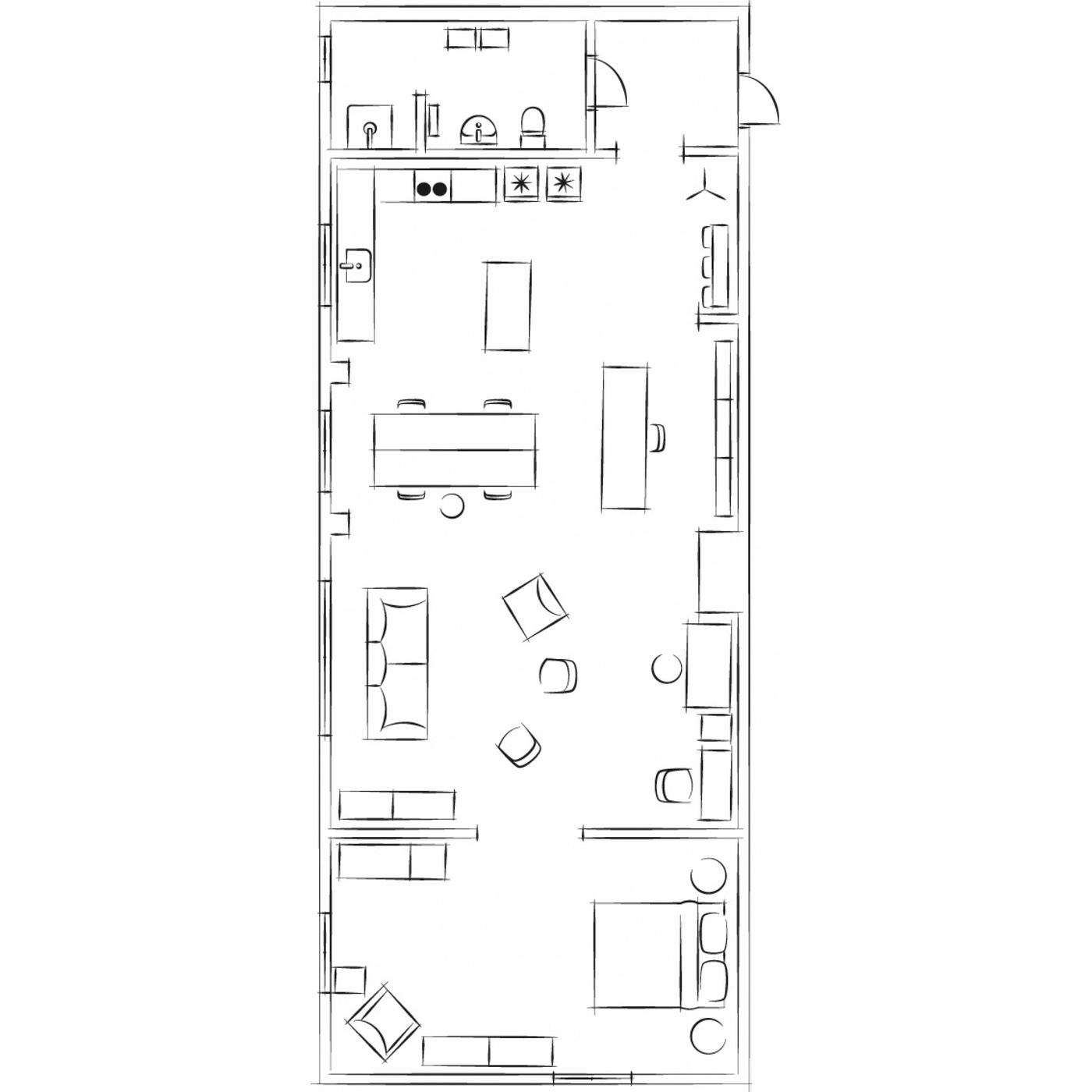 A sketched floor plan of the loft apartment.