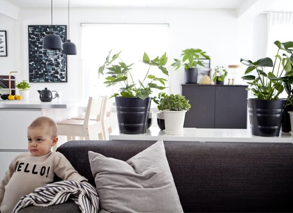 A small child leaning on a grey sofa in a monochrome open-plan living space.