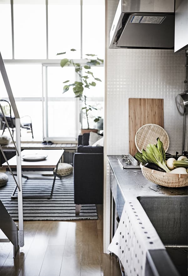 A small-space kitchen area.