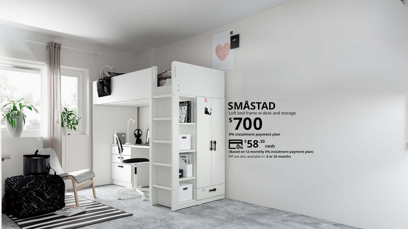 A SMASTAD loft bed frame with a desk and storage priced at $700 but now can be paid for $58.30 per month for 12 months