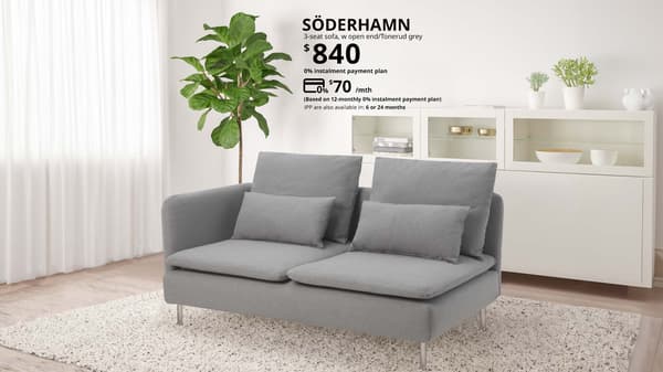 A SODERHAMN 3-seat sofa in the living room, priced at $840 but now can be paid at $70 per month for 12 months, on a 0% interest instalment payment plan