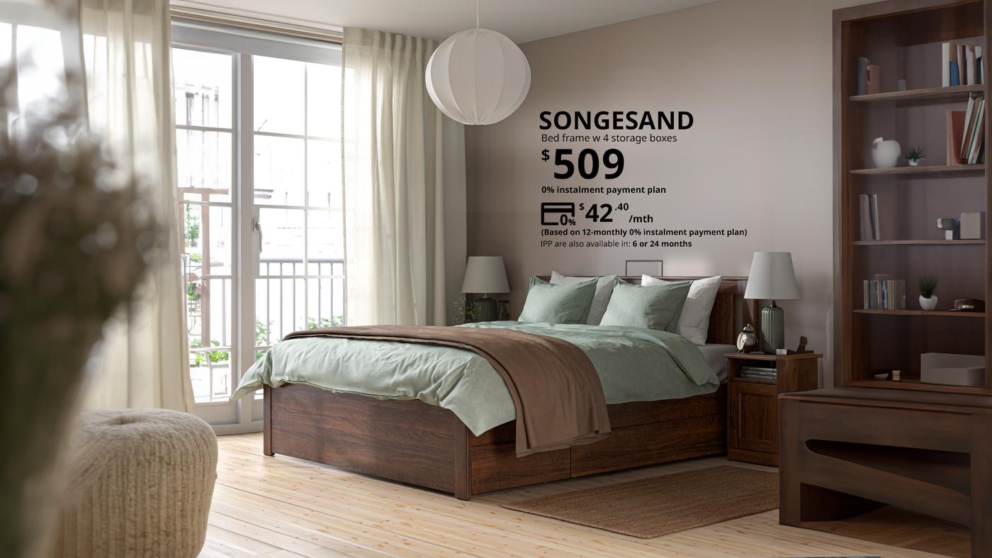 A SONGESAND bed priced at $509 but now can be paid at $42.40 per month for 12 months