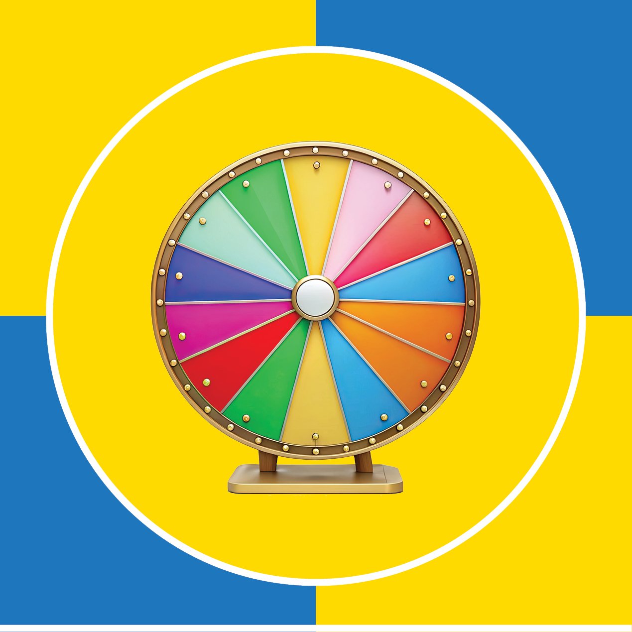 a spinning wheel with a yellow and blue checkered background