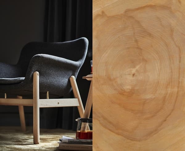 A split image with a VEDBO armchair with a base in wood on one side, and a close-up of birch wood on the other.