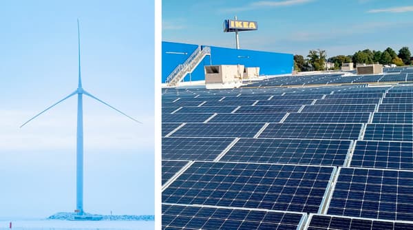 A split photo showing a wind turbine and solar panels, which IKEA uses to soon become energy independent.