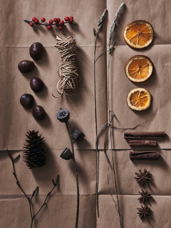 A spread of natural decorations including sprigs of foraged grasses and berries, whole spices and dried citrus slices.